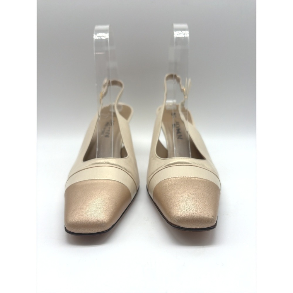 St. John Women 7B Cream Gold Leather Slingback Square Toe Block Heels Italy - Picture 3 of 5